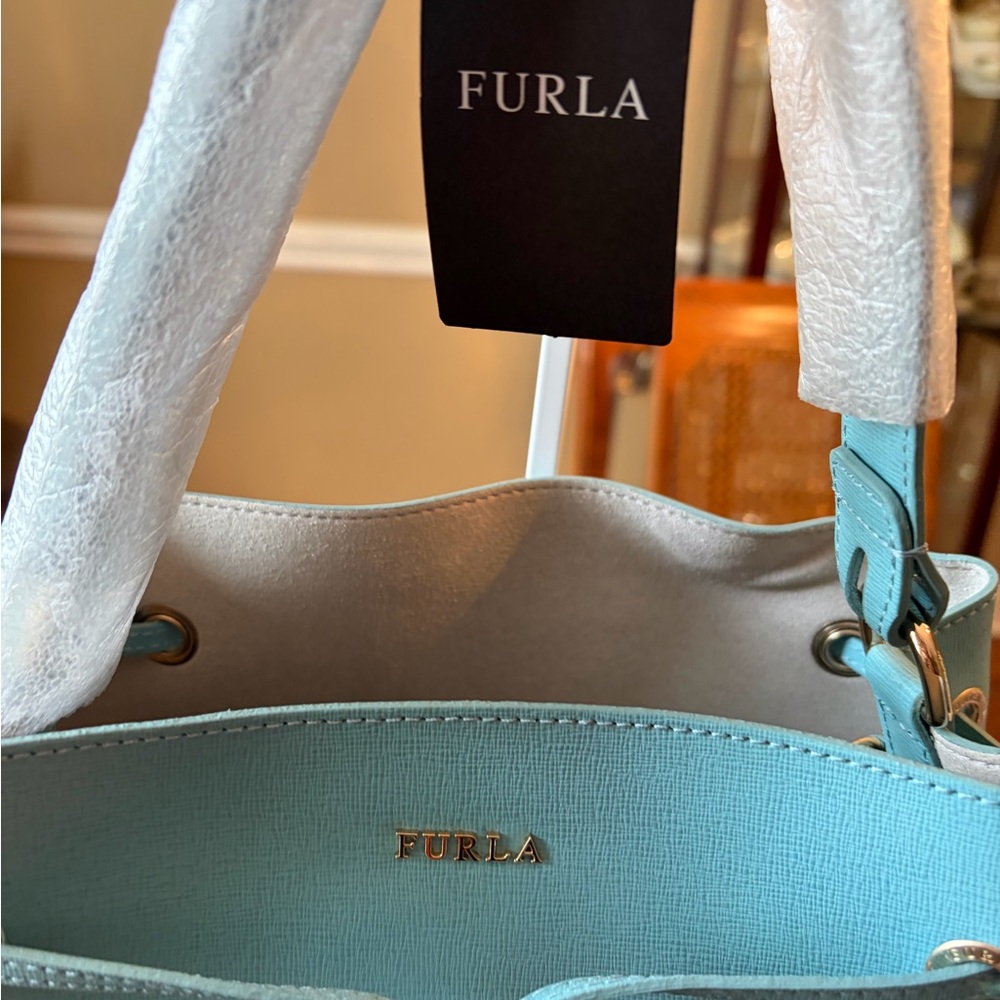 Furla Aquamarine Stacy Leather Drawstring Bucket Bag with Pouch - Picture 6 of 13